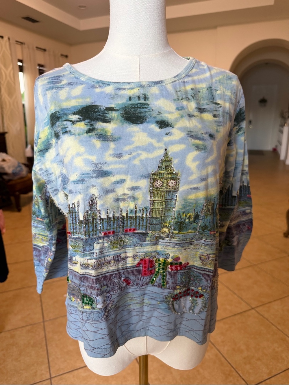 Vintage Take Two Scenic London Big Ben beaded long sleeve